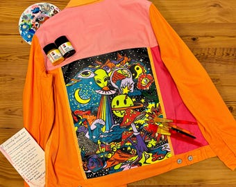 Hand-Painted Neon Orange Denim Jacket: Festival Fashion, Acid Motif