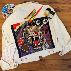 Hand-Painted Beige Denim Jacket with Tiger Design