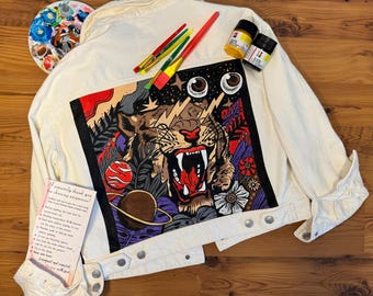 Hand-Painted Beige Denim Jacket with Tiger Design