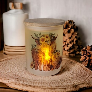 Glass Highland Cow Candle Holder With A Battery Operated Flickering Tea Light, Candle Holder, Cow Gift, Cow Jar, Highland Cow Decor