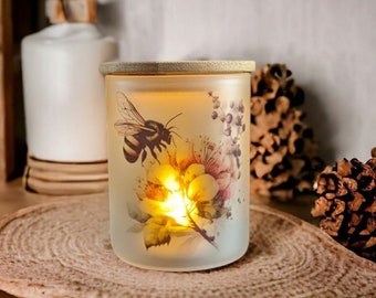 Bee Candle Holder With A Battery Operated Flickering Tea Light, Bee Jar, Bumble Bee Candle Holder, Glass Candle Holder With Bamboo Lid