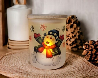 Snowman Candle Holder With A Battery Operated Flickering Tea Light, Snowman Jar, Christmas Decor, Glass Candle Holder, Snowman Gift