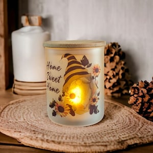Home Sweet Home Gnome Candle Holder With A Battery Operated Flickering Tea Light , Home Sweet Home Jar, Glass Candle Holder With Bamboo Lid