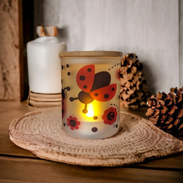 Ladybug Candle Holder With A Battery Operated Flickering Tea Light, Ladybug Jar, Candle Holder, Glass Candle Holder, Ladybug Decor Gift