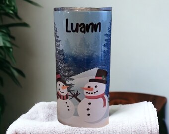 Kids Snowman Tumbler With Cute Snowmen, Can Be Personalized, Cup With Name, Tumbler With Reusable Plastic Straw, Winter Fun Tumbler For Kids