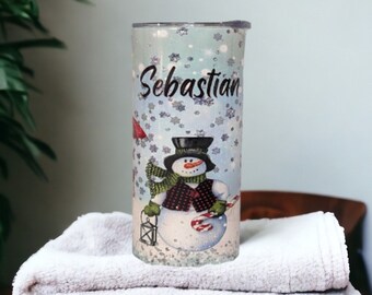 Snowman Tumbler With Straw, Snowman Cup With Name, Christmas Tumbler, Kids Christmas Cup, Stocking Stuffer - Winter Gift