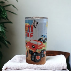 Kids Monster Truck Tumbler, Can Be Personalized, Cup With Name, 15oz Tumbler Includes A Reusable Plastic Straw, For Home Or On The Go