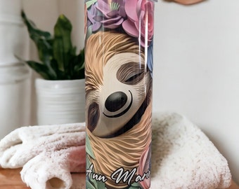 3D Design Sloth Tumbler Can Be Personalized, Sloth With Flowers, Sloth Cup With Name, Gift For Sloth Lover, Hot Cold Drinkware With Straw