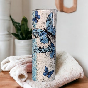 Blue Butterfly Tumbler With Leopard Print and Glitter Design, Butterfly Cup With Name, Butterfly Lover Gift, Hot Cold Drinkware With Straw