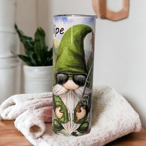 Fishing Gnome Tumbler With A Gnome With His Fishing Pole and Bucket Of fish, Great Gift For The Fisherman In the Family, Can Be Personalized