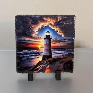 Lighthouse Picture With Display Legs, Lighthouse At Sunset Slate Picture, Lighthouse Gift