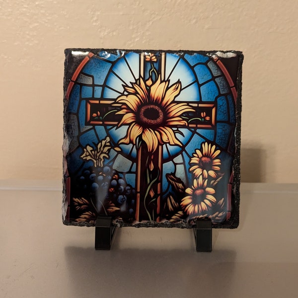 Religious Picture, Religious Decor, Inspirational Picture, Inspirational Decor, Cross Plaque, Cross and sunflowers Photo Slate