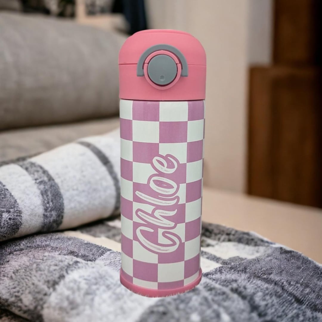 Pink Checkered Water Bottle