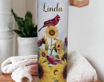 Pretty Cardinal Tumbler, Bird Tumbler, Sunflower Tumbler, Cardinal Cup, Personalized Tumbler, Bird Lovers Gift, Bird Lovers Cup, Bird Cup