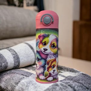 Kids Puppy Water Bottle With Colorful Puppies Can Be Personalized, Great For School Home Or On The Go, Kids Puppy Cup, Kids Dog Cup