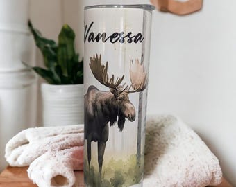 Moose Tumbler With Water Color Design, Can Be Personalized, Tumbler with Reusable Straw, Gift for Moose Lovers, Great For Home Or On The Go.