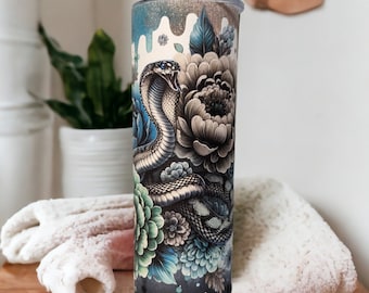 Cobra Snake Tumbler with Flowers in Blue and Green and a  Glitter Drip Design, Cup With Name, Includes Reusable Straw, Hot Or Cold Drinks