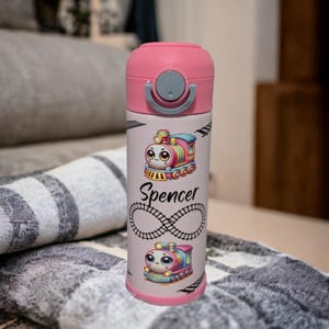 Kids Train Water Bottle With Pink and Purple Trains, Can Be Personalized, For School Home Or On The Go, Cup With Name, Gift For Children