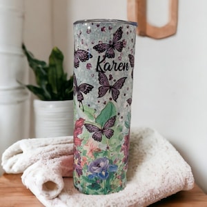 Butterfly Tumbler With Purple Butterflies and Pretty Flowers, Can Be Personalized, Butterfly Stainless Steel Tumbler, Gift For Her