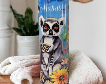Lemur Tumbler With Lemurs and Colorful Flowers, Personalized Lemur Tumbler, Cup With Name, Lemur Gift, Great For Hot Or Cold Drinks