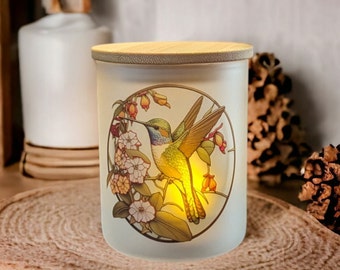 Stained Glass Hummingbird Candle Holder With A Battery Operated Flickering Tea Light, Glass Candle Holder, Hummingbird Jar, Hummingbird Gift