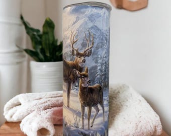 Beautiful Deer Tumbler With Deer In The Snow, Hunters Tumbler, Deer Cup With Name, Gift For Him, Gift For Her, Personalized Deer Tumbler