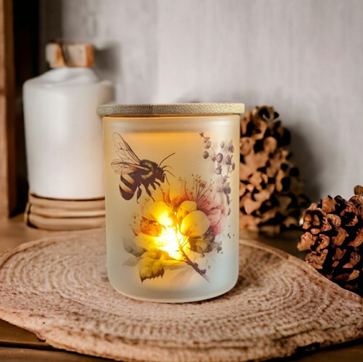 Bee tea light candle holder large, hand painted on warm spring