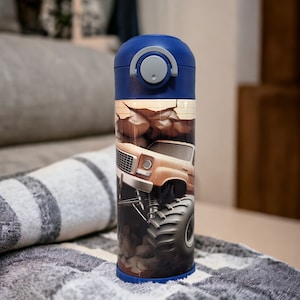 Kids Monster Truck Water Bottle With A Truck Coming Through A Hole In The Wall, Can Be Personalized, Great For School Home Or On The Go