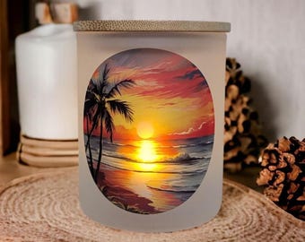 Hermoso candelabro con diseño de atardecer y vela parpadeante a pilas. Candelabro único, tarro de baratijas, regalo para amantes de la naturaleza.