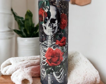 Skeleton Tumbler With Red Roses, Can Be Personalized, 20oz Skinny Tumbler With Straw, For Home Or On The Go, Hot Cold Drinkware