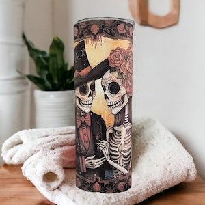 Unique Skeleton Tumbler Featuring a Romantic Skeleton Couple and Flowers, Wedding Skeleton Couple Tumbler, Gothic Skeleton Tumbler