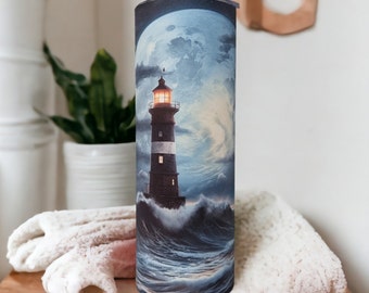 Lighthouse Tumbler Can Be Personalized, Lighthouse Cup With Name, Lighthouse Gift, Beach Tumbler, Ocean View Tumbler, Hot Cold Drinkware