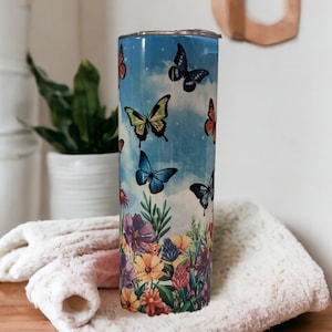 Butterfly Tumbler With Pretty Butterflies and Flowers Can Be Personalized, Butterfly Cup, Butterfly Gifts, Butterfly Stainless Steel Tumbler