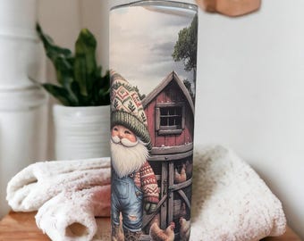 Vaso con diseño de gnomo granjero de pollos personalizable, incluye una pajita reutilizable, ideal para uso diario: bebidas frías o calientes