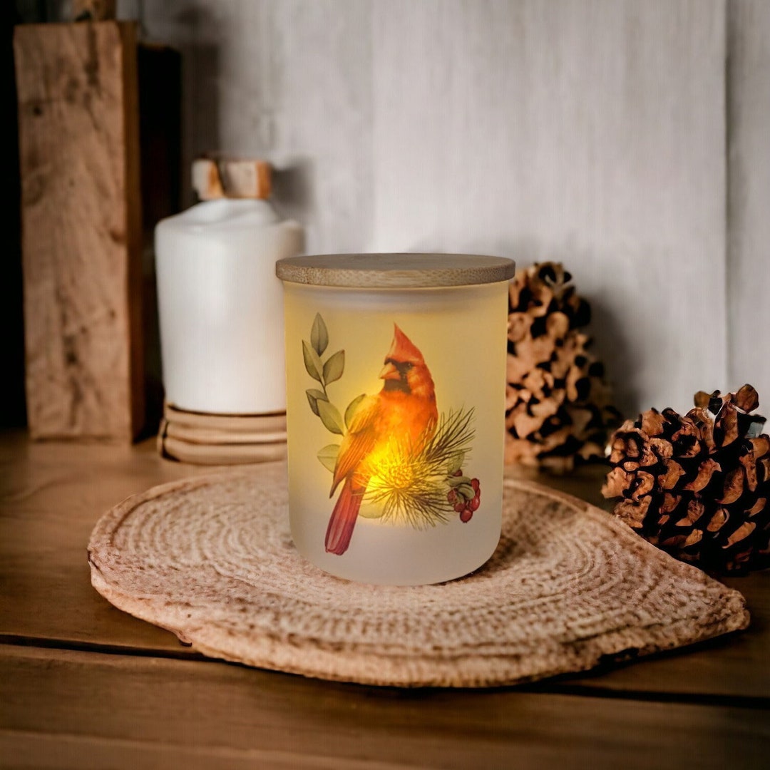 Cardinal Candle Holder With A Battery Operated Flickering Tea Light
