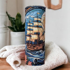 Beautiful Stained Glass Sailboat Ship Design Tumbler, Great Gift For Someone That likes Sailing and Ships, Includes A Reusable Plastic Straw