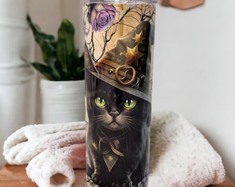 Adorable Black Kitten With Witch Hat and Floral Accents Tumbler, Cat Tumbler With Straw, Kitten Tumbler, Cat Lover Gift, Black Cat Lover
