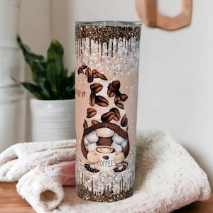 Whimsical Gnome Tumbler with Coffee, Loving Gnomes and Glitter Drip Design, Great Coffee Lover Gift,  For Everyday Use - Hot Or Cold Drinks