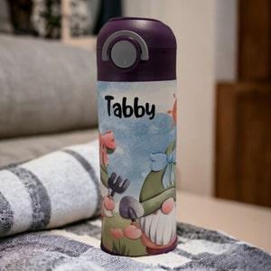 Kids Gnome Water Bottle Can Be Personalized, Gnome Cup For Kids, Personalized Kids Water Bottle, Kids Flip top, Toddler Tumbler For Kids