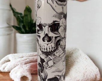 Stylish Black and White Skull 20oz Tumbler, Perfect Gift For Skull Lovers, Skull Tumbler, Gift For Skull Lovers, Skull and Flowers Cup Gift