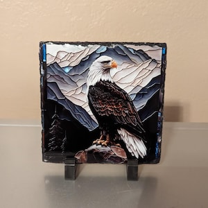 Slate Eagle Picture With Display Legs, Unique Gift for Nature Lovers, Eagle Plaque, Eagle Gift, Eagle Photo, Stained Glass Eagle Design