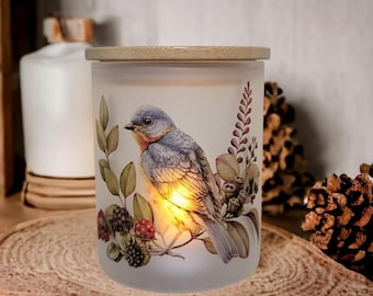 Blue Bird Candle Holder With A Battery Operated Flickering Tea Light, Blue Bird Jar, Glass Candle Holder, Bird Lover Gift For Her