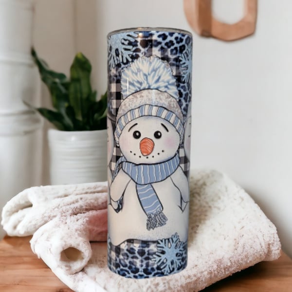 Cute Snowman Tumbler With Three Snowman and Snowflakes, Can Be Personalized, Snowman Cup With Name, Snowman Gift For Hot Or Cold Drinks