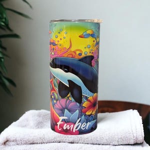 Neon Color Orca Whale Kids Tumbler Can Be Personalized - Brighten their day, Orca Whale Cup, Personalized Kids Travel Cup