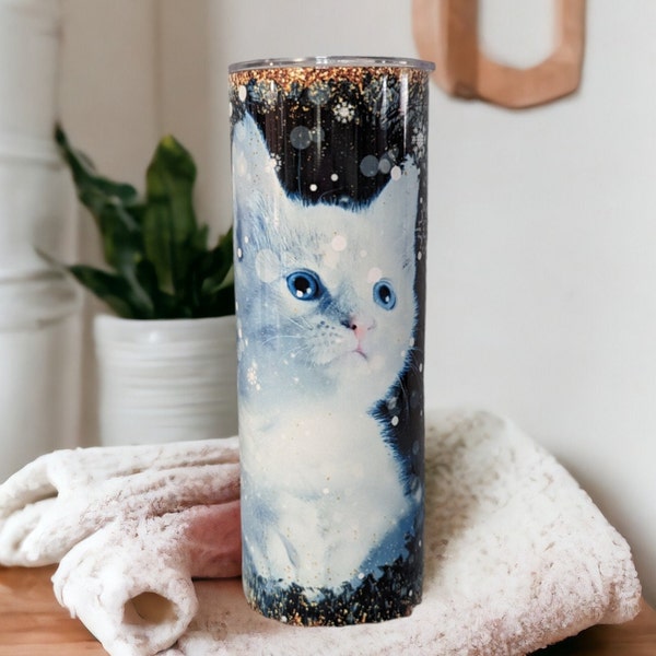 Glitter Design Kitten Tumbler Can Be Personalized, Adorable Kitten With Glitter Accents, Kitten Lover Gift, Kitten Cup With A Lid And Straw