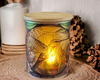 Stained Glass Hummingbird Candle Holder With A Battery Operated Flickering Tea Light, Hummingbird On Each Side - Two Ways To Display