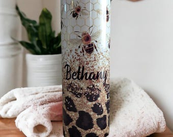 Bee Tumbler With Glitter Design and A Leopard Print, Can Be Personalized, Bee Cup With Name, Leopard Print, Tumbler With Straw, Gift For Her