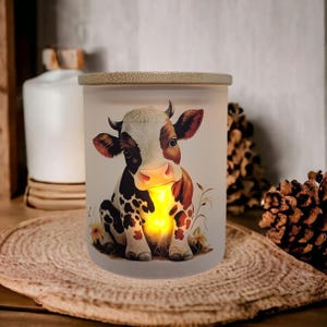 Cow Candle Holder With A Battery Operated Flickering Tea Light, Cow Gifts, Cow Jar, Cow Decor, Cow Candle Holder, Glass Candle Holder
