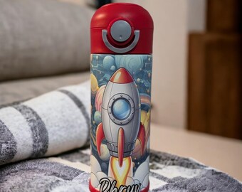 Kids Cartoon Rocket Design Water Bottle Tumbler, Kids School Cup, Personalized Kids Cup, Kids Flip Top Bottle, Personalized Tumbler