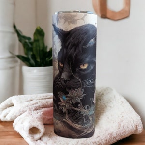Black Cat and Skull Tumbler, Beautiful Tumbler With A Black Cat and Skull, Includes Lid and Straw